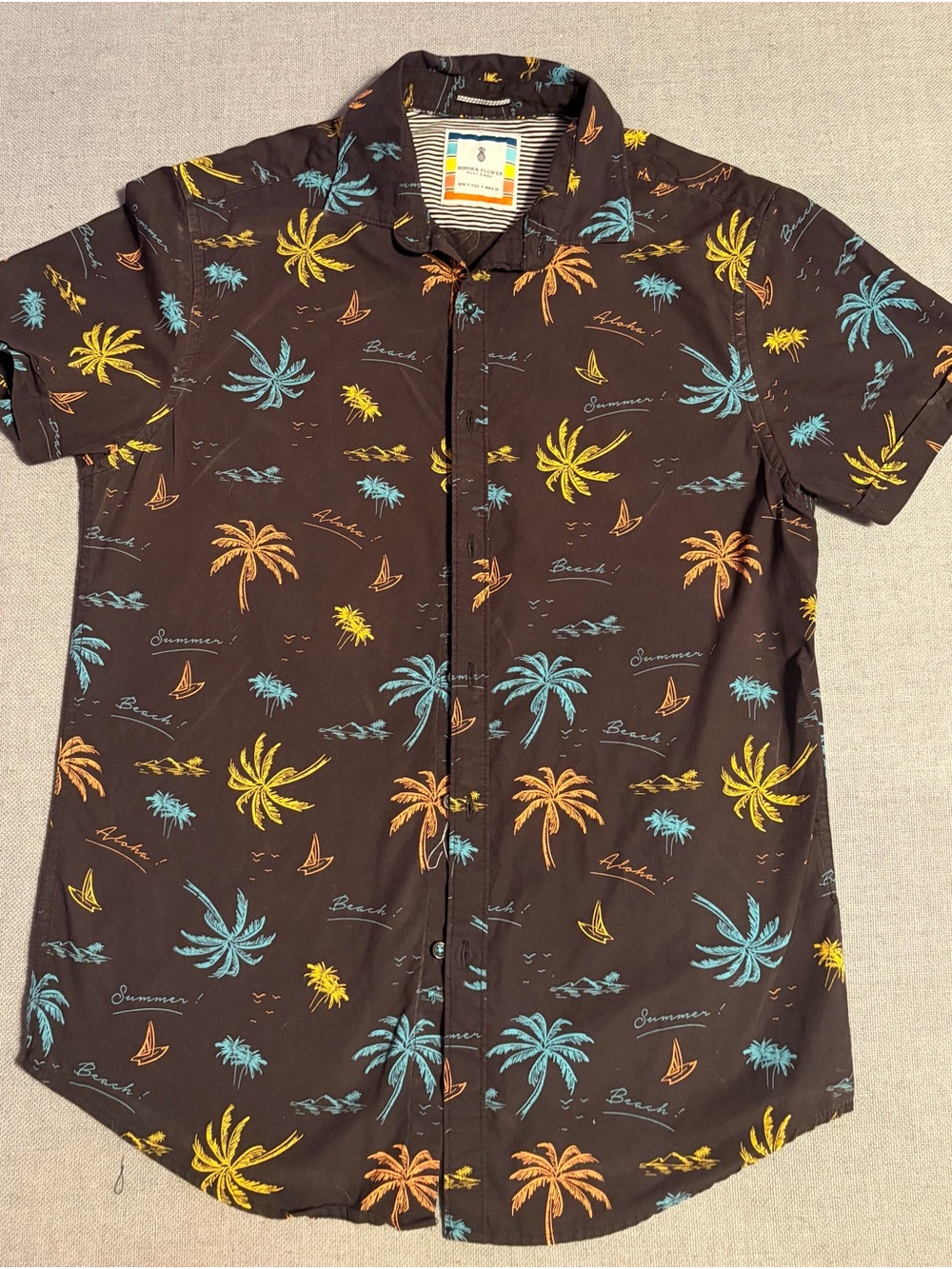 Men's Dark Brown Tropical Palm Print Short-Sleeve Button-Down Shirt